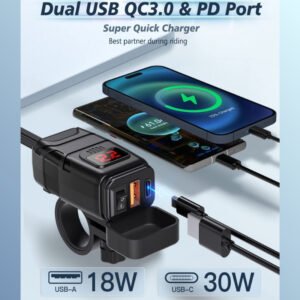 Cargador Moto Dual USB + Tipo C con Voltímetro Carga Rapida 18 W - 30 W DH25-1102